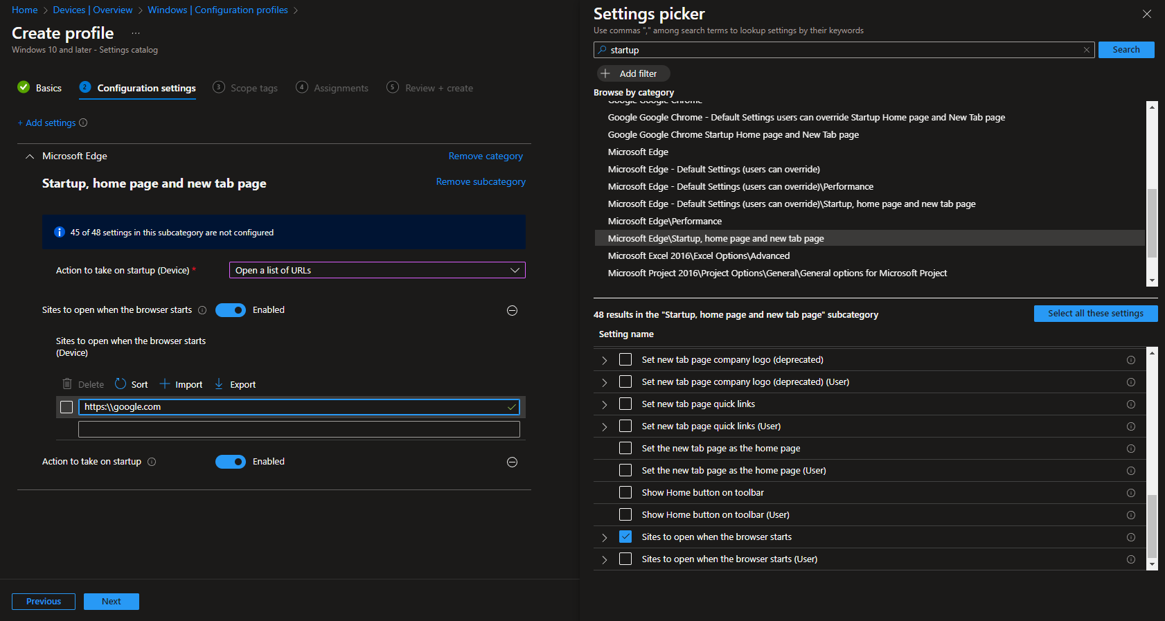 Action to take on startup and sites to open when the browser starts